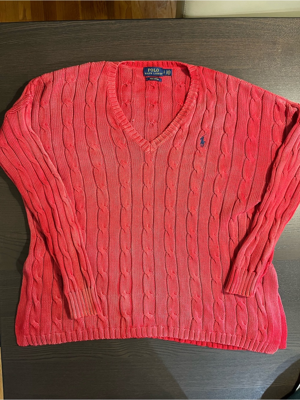 Polo Ralph Lauren Womens S Coral Cable Knit V Neck Pima Cotton Sweater Pony